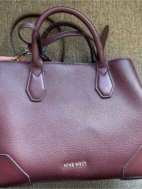 Nine West Burgundy Pebbled Satchel with Gold Logo